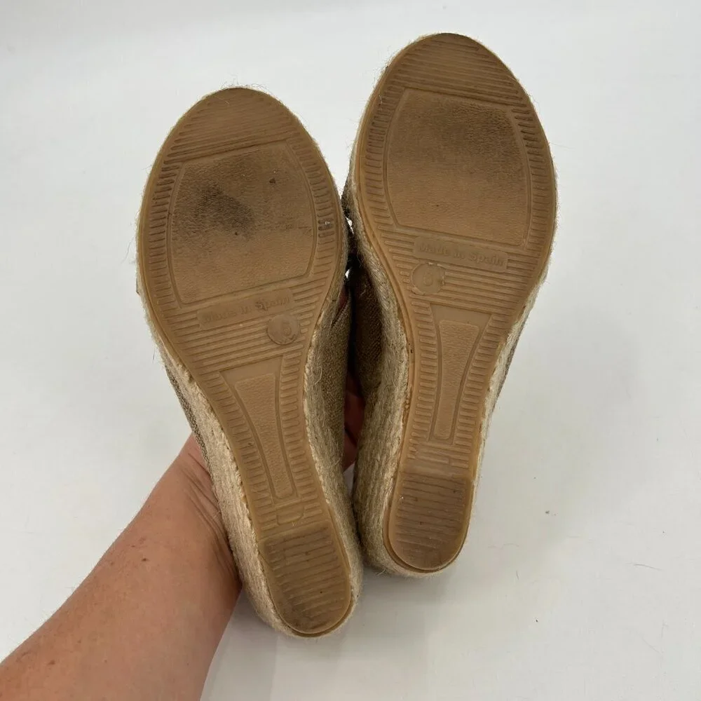 PATRICIA GREEN Tan Nude Canvas Open Toed Espadrille Wedges Shoes Size 6